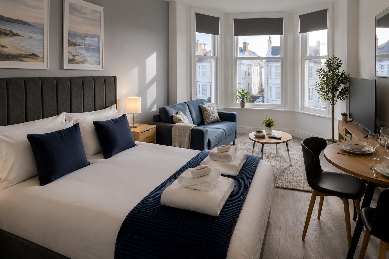 serviced accommodation photo: freshly made bed and reset living space in a Southsea Airbnb apartment, staged and guest-ready