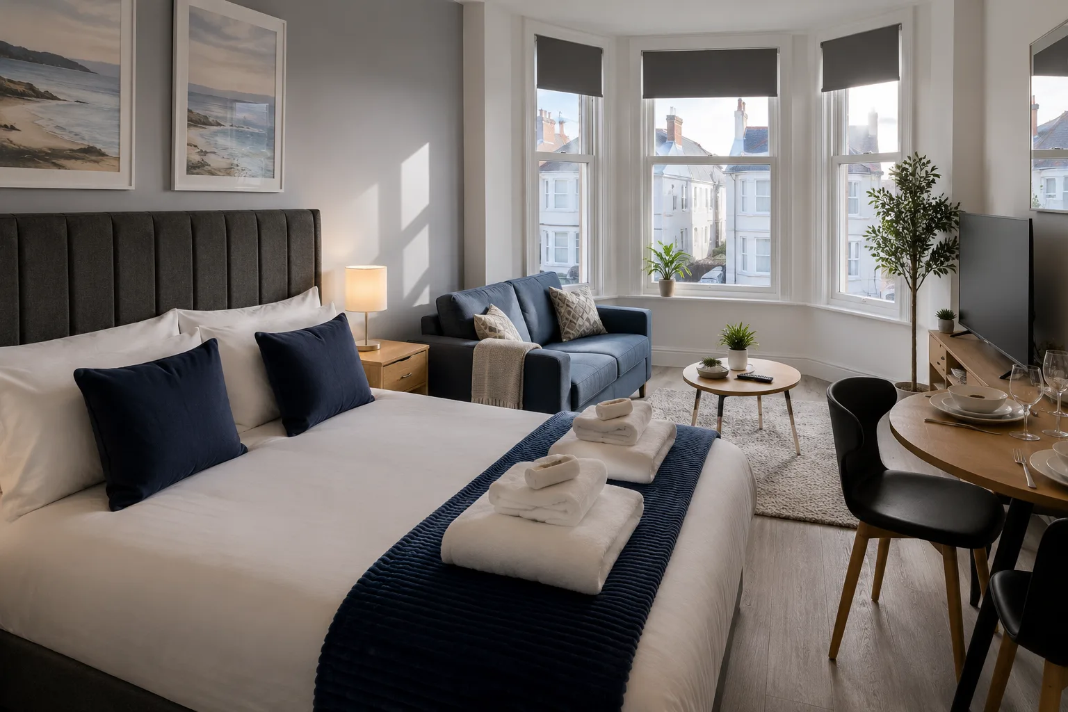serviced accommodation photo: freshly made bed and reset living space in a Southsea Airbnb apartment, staged and guest-ready