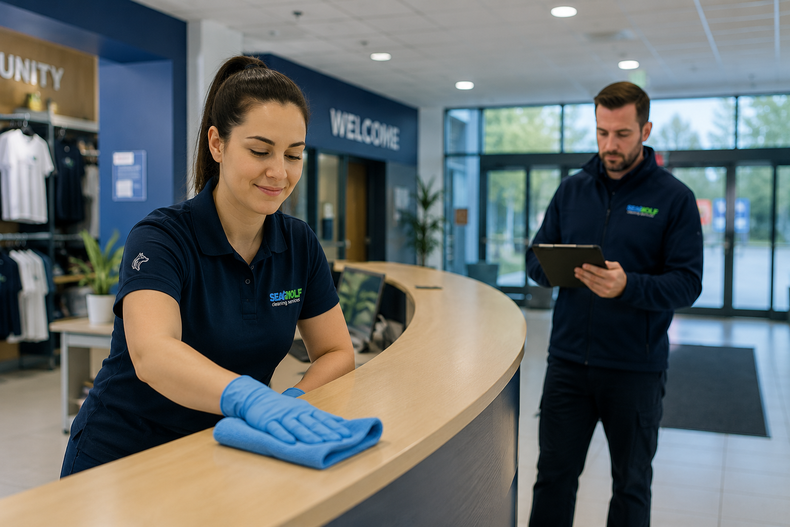 commercial cleaning photo: cleaner wiping down the reception desk of a community centre or leisure facility while a colleague checks the visit on a tablet