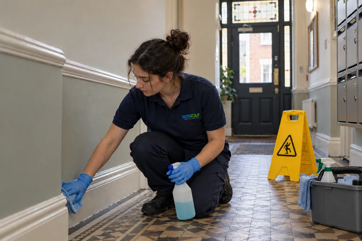 Seawolf cleaner wiping skirting boards in the tiled communal hallway of a converted Victorian building