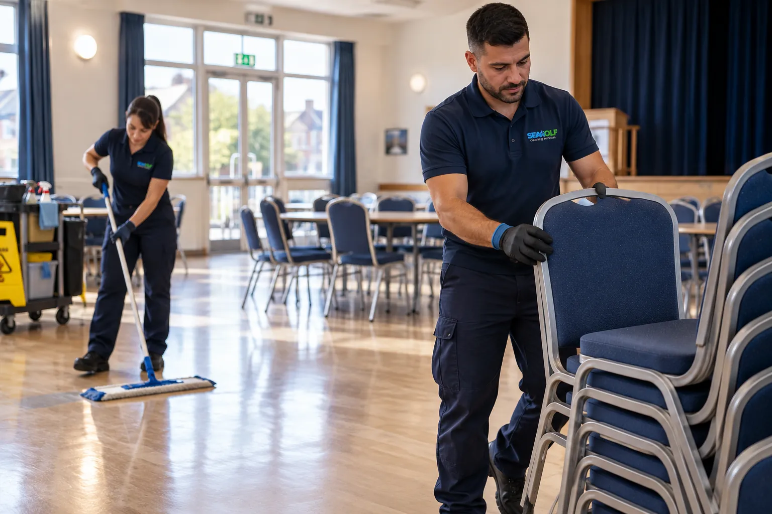 Two Seawolf cleaners resetting a community hall between bookings, stacking chairs and mopping the floor