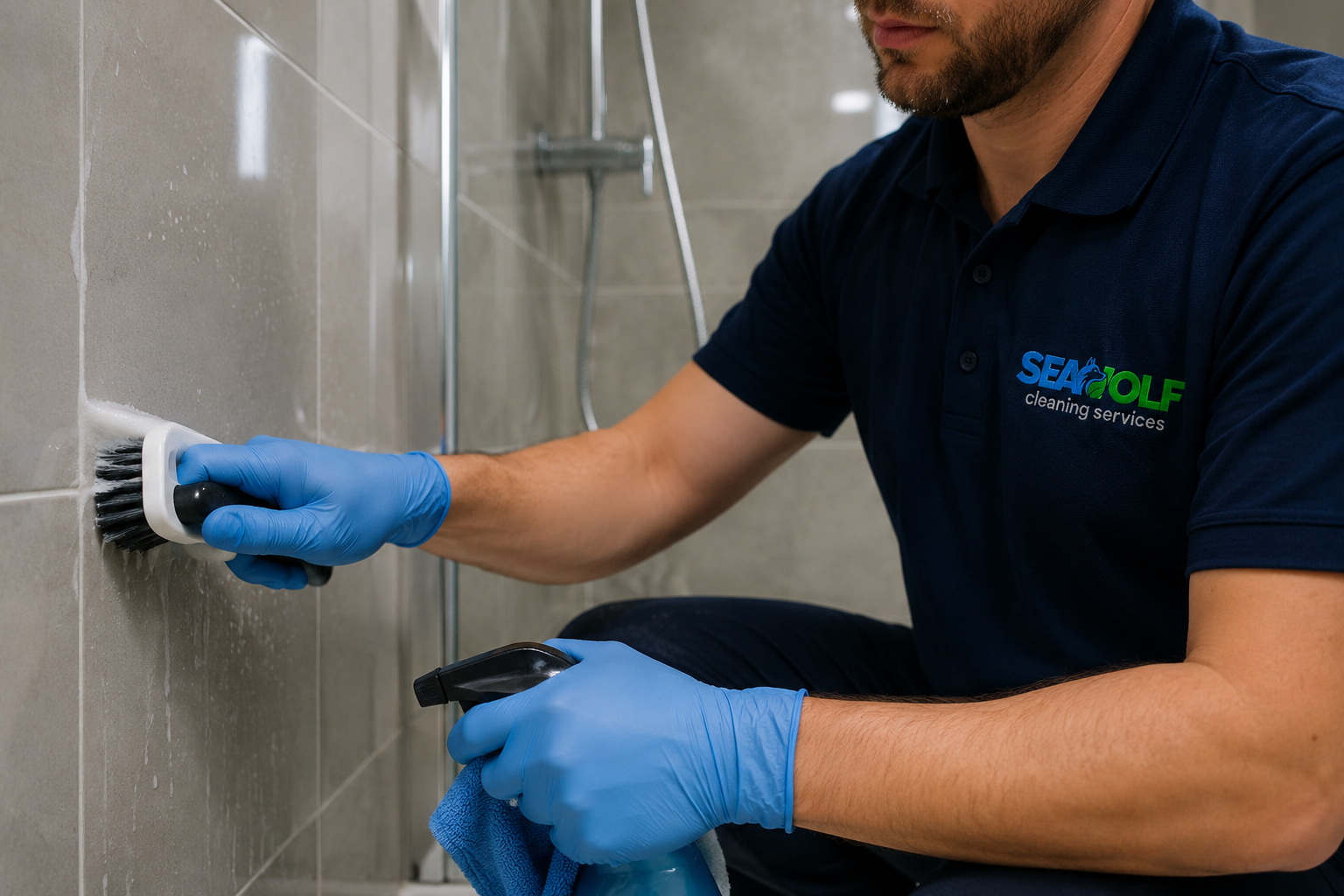 deep cleaning photo: cleaner detailing grout or descaling a bathroom tile surface, close-up, gloves visible