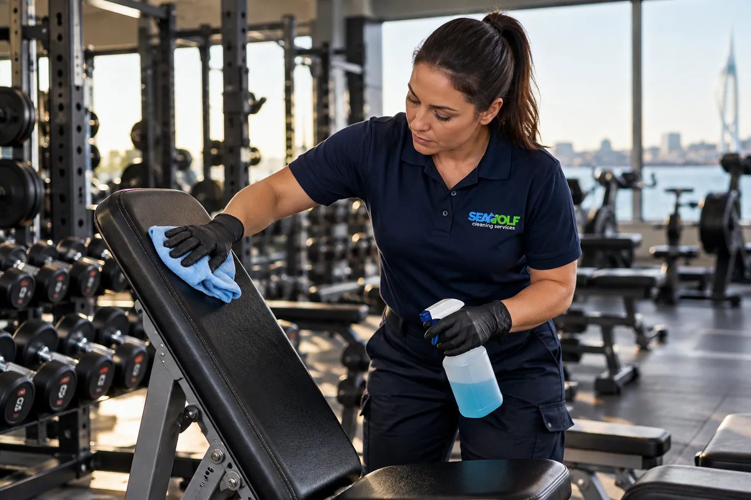 Seawolf cleaner wiping down a weights bench in a waterfront gym before opening