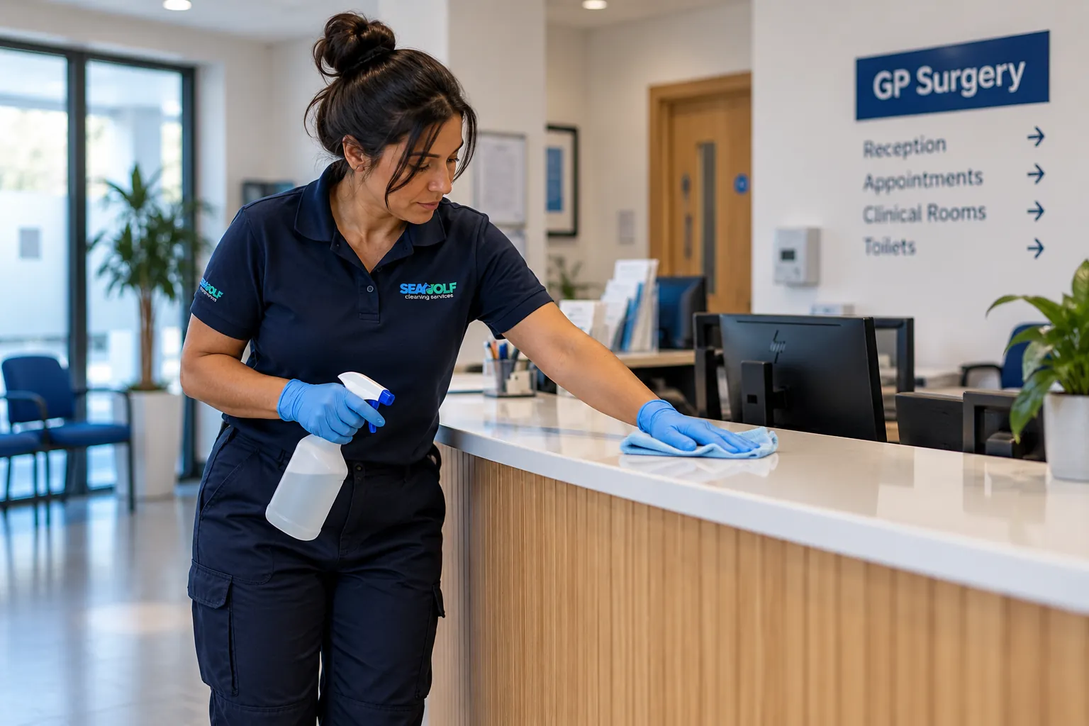 Seawolf cleaner in gloves wiping down a GP surgery reception desk before opening hours