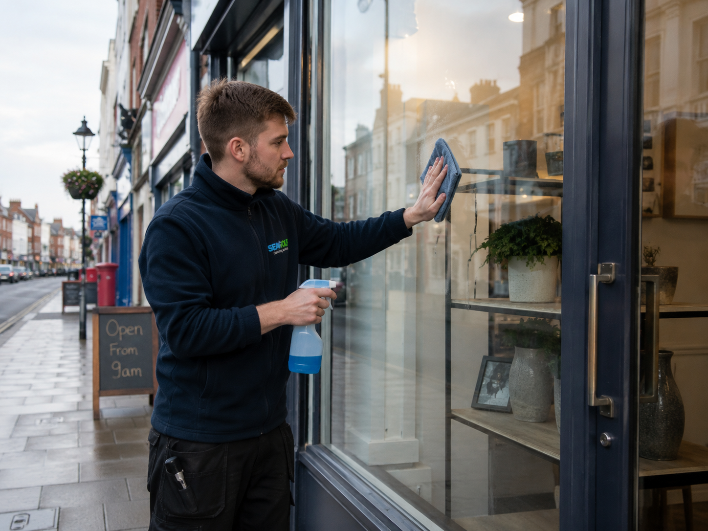 retail cleaning photo: cleaner wiping down a shopfront window or community centre entrance before opening, Portsmouth high street context