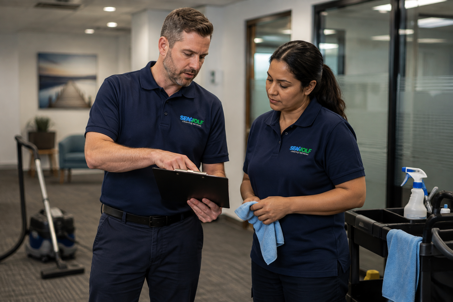 Seawolf team reviewing a written cleaning spec on-site