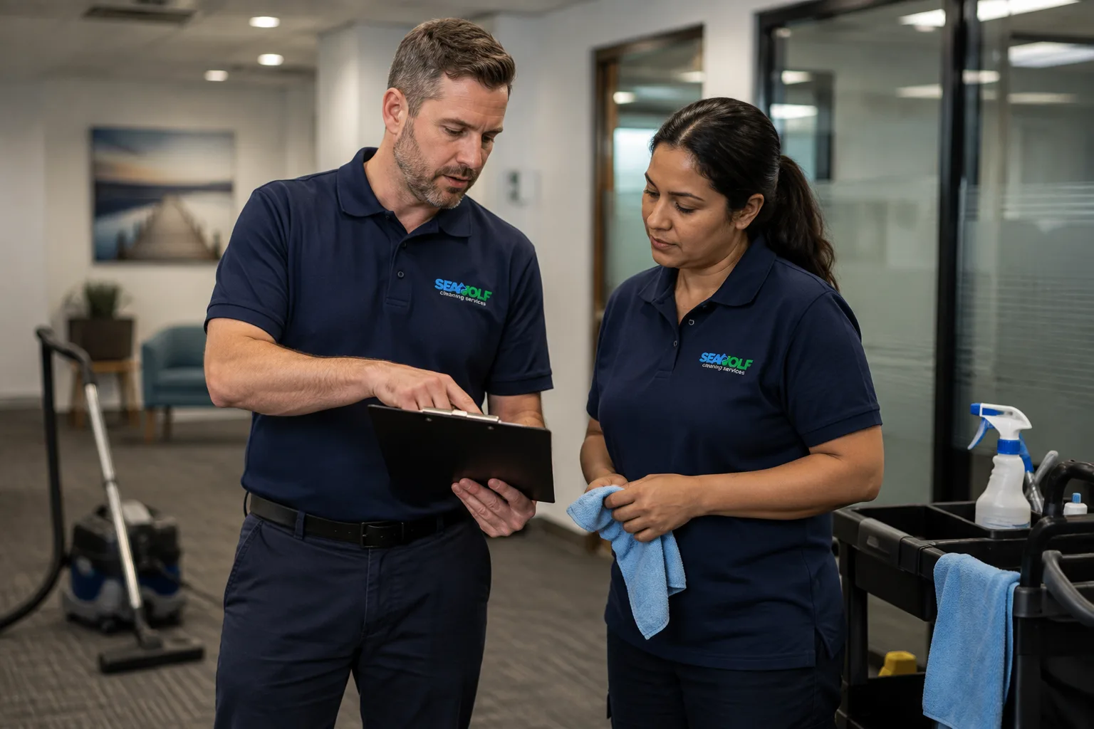 Seawolf team reviewing a written cleaning spec on-site