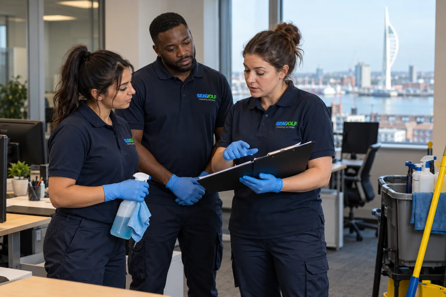Illustration of a cleaning team reviewing a site checklist in a Portsmouth office, Spinnaker Tower in the window