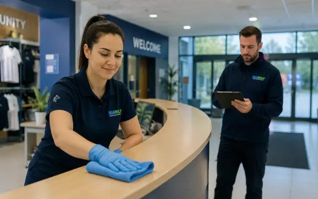 Cleaner wiping down a reception desk while a colleague checks the visit on a tablet