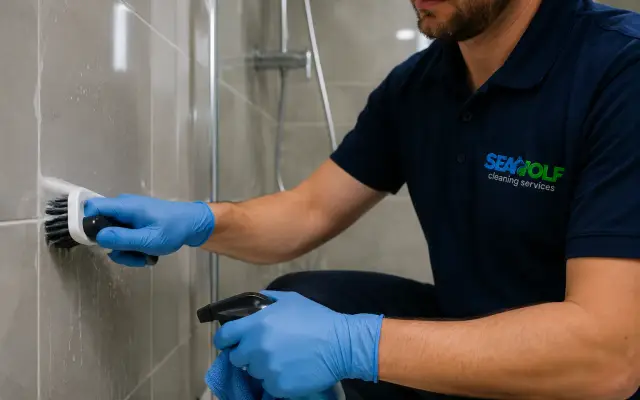 Close-up of a gloved cleaner detailing bathroom tile grout