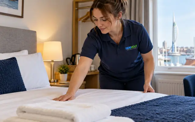 Cleaner making up a guesthouse bed with fresh towels