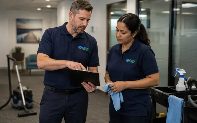 Cleaning team reviewing a written cleaning spec on site