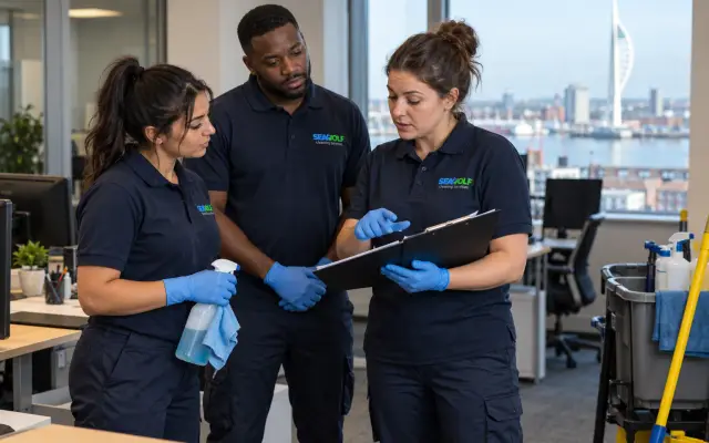 Illustration of a cleaning team reviewing a site checklist in a Portsmouth office