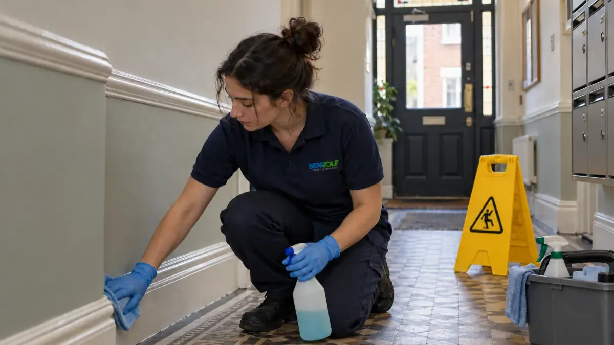 Cleaner wiping skirting boards in the tiled communal hallway of a converted Victorian building