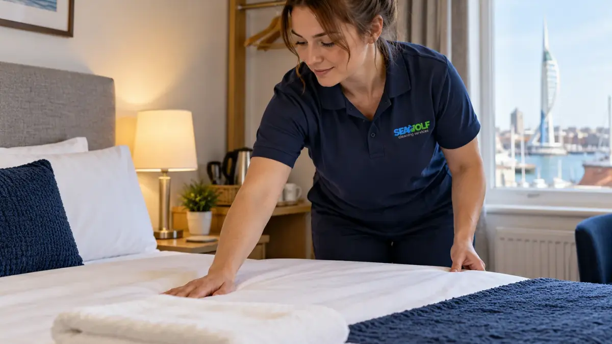 Cleaner making up a guesthouse bed with fresh towels