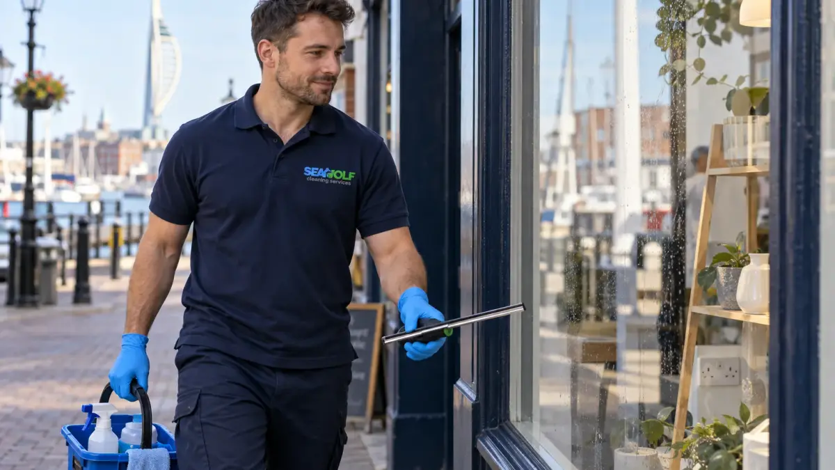 Cleaner squeegeeing a shopfront window before opening
